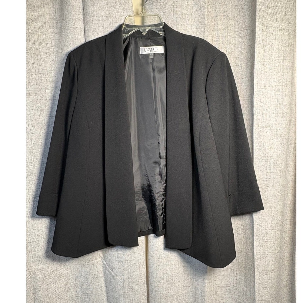 Kasper Womens Black Open Front Shawl Collar Blazer 3/4 Sleeve Size 16